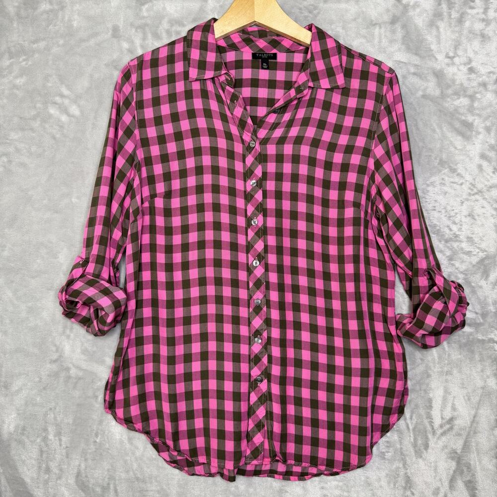 Talbots Petites Shirt Womens Medium Petite Pink Brown Gingham Roll Tab Rayon